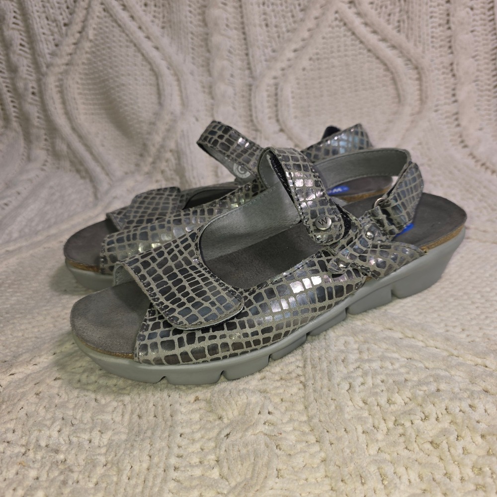Wolky Sandals Jewel Slingback Silver Metallic Snake Print Women 37 Excellent